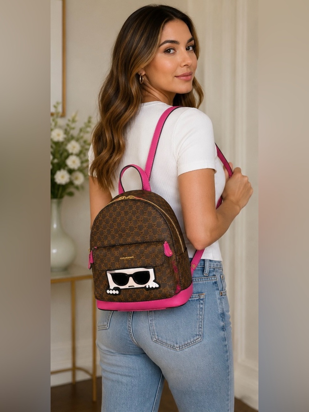 Karl Lagerfeld Paris K/Ikonik Pink Backpack Purse Brown Monogram Mini item: Em